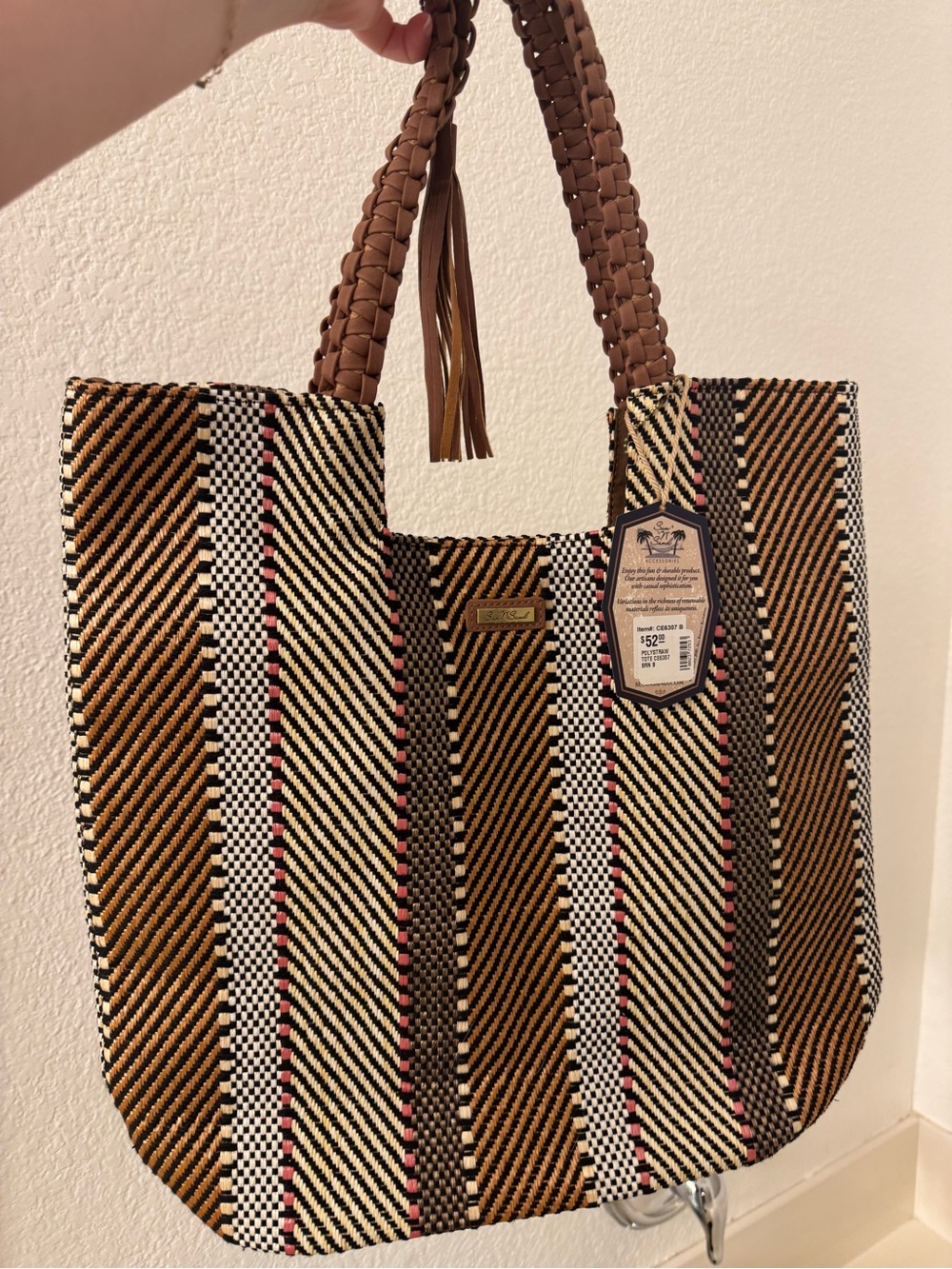 Striped Woven Tote Bag in Brown, Cream & Pink